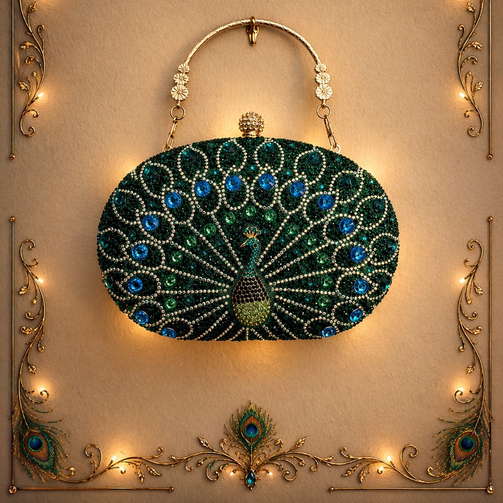 Elegant Peacock Design Clutch - Green and Blue Bejeweled